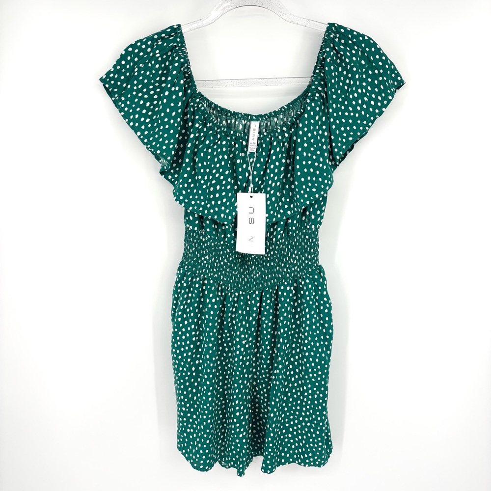 Amisu Polka Dot Romper Size 8 Green White Smocked Waist Ruffle Neckline Spring